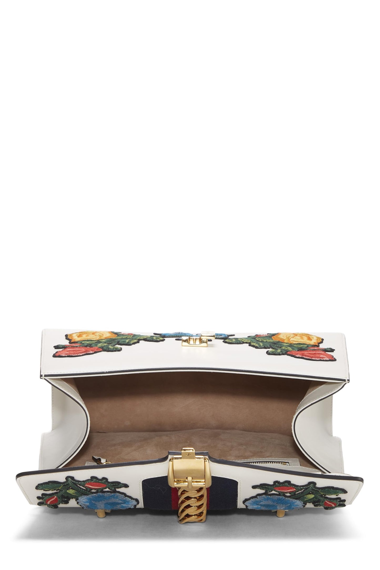 Gucci, White Leather Embroidered Sylvie Top Handle Bag Medium, White
