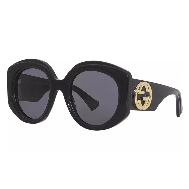 Gucci Round Full Rim, with a Black frame and Grey lens. Black