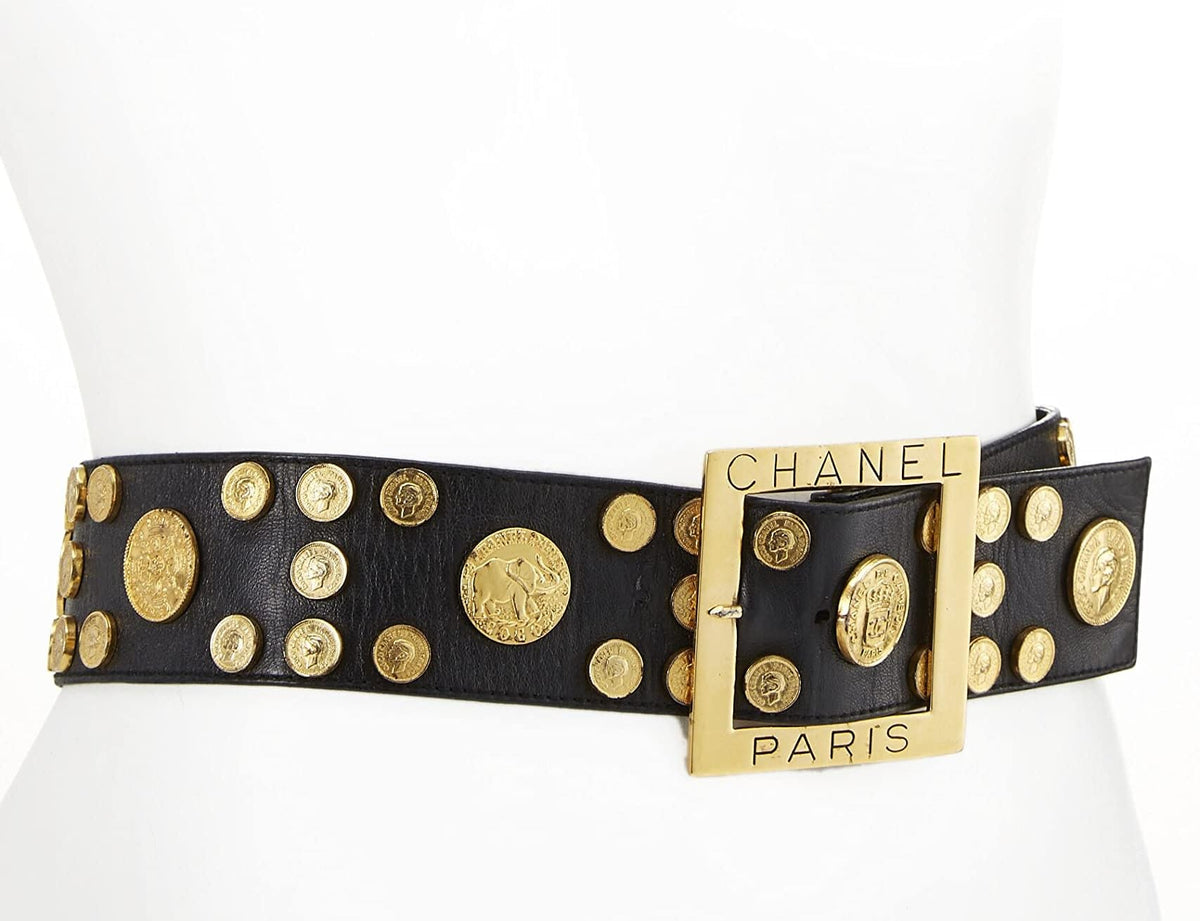 Chanel,  Black Coin Embellished Leather Belt 70, Black
