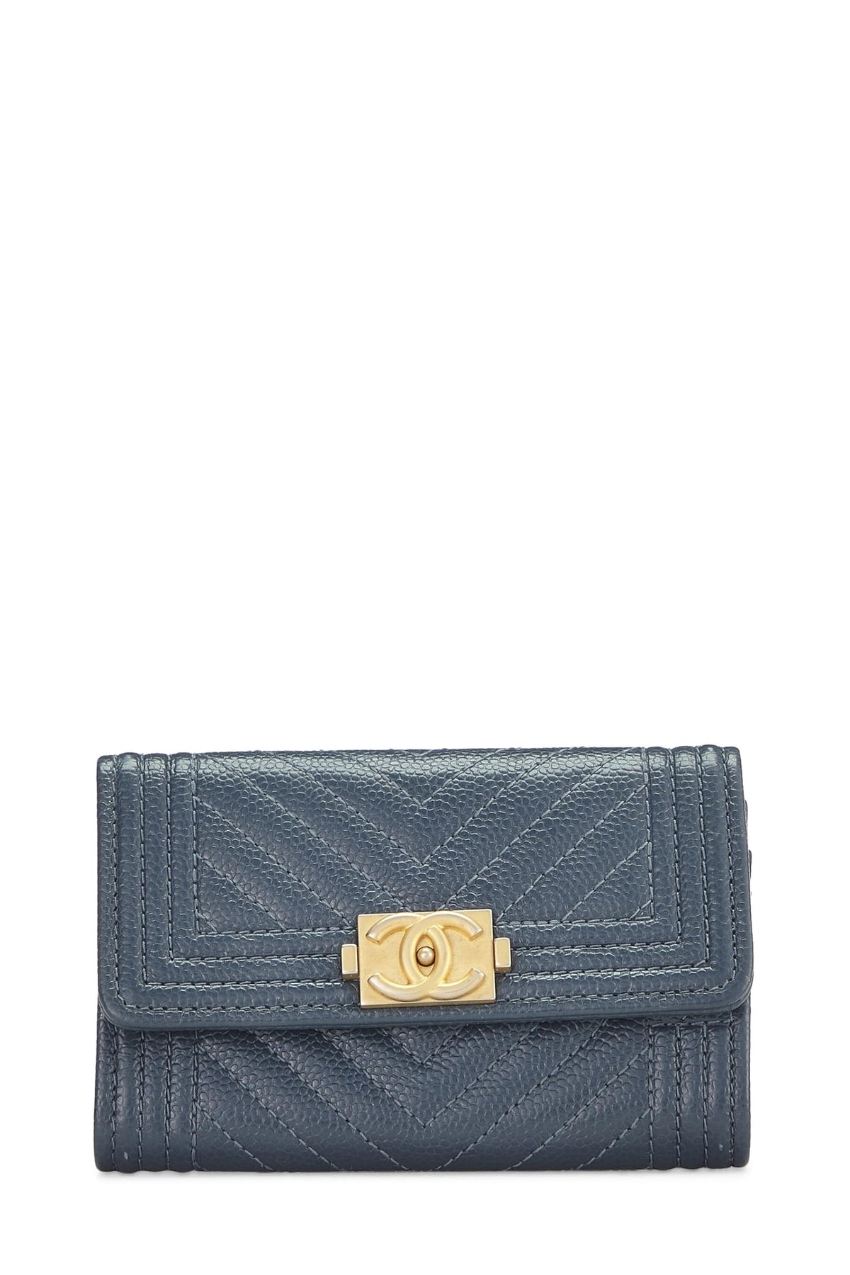 Chanel,  Blue Caviar Chevron Boy Coin Purse, Blue