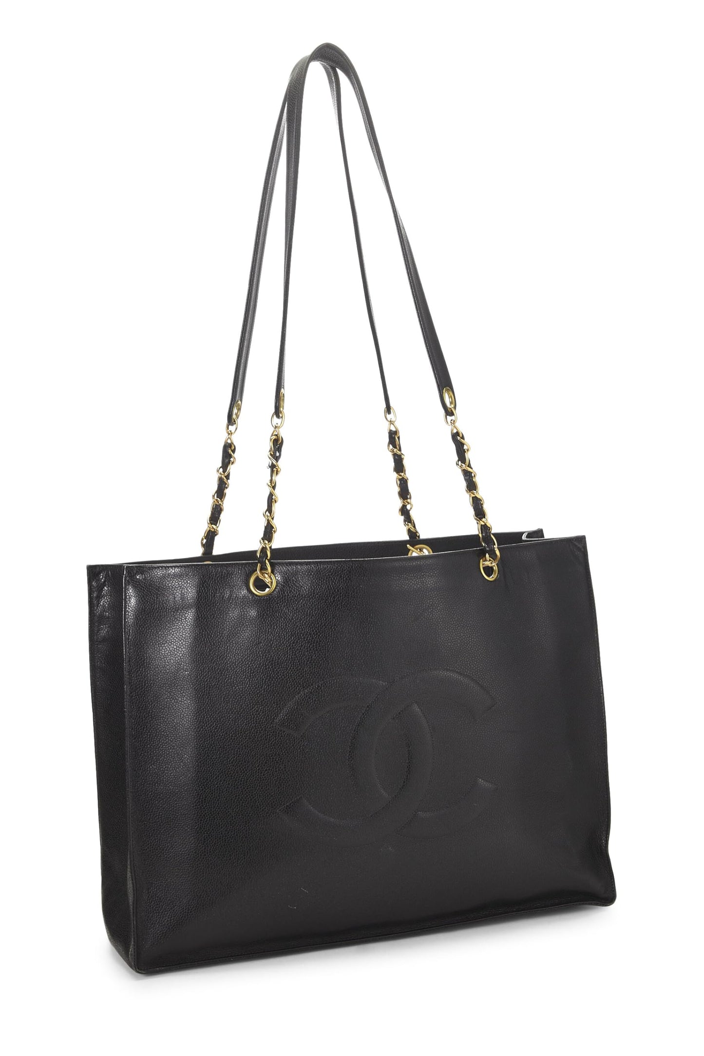 Chanel,  Black Caviar Flat Chain Handle Tote Medium, Black