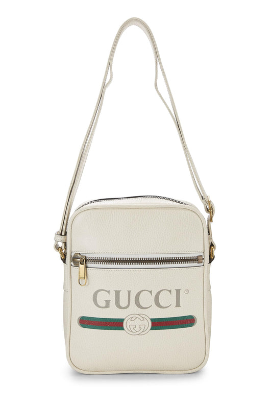 Gucci, White Logo Print Leather Vertical Camera Bag Small, White