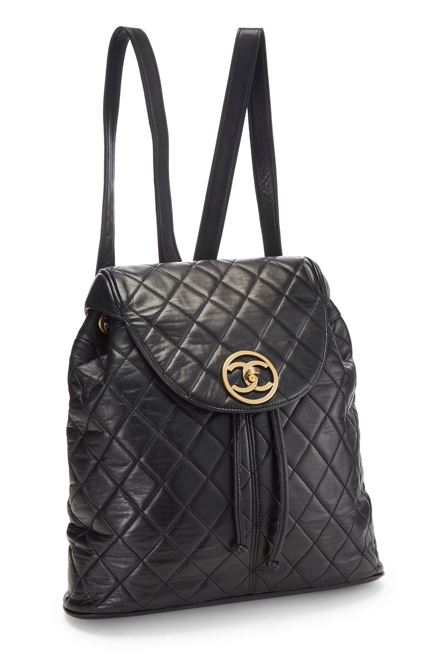 Chanel,  Black Quilted Lambskin Circle Lock Backpack Large, Black