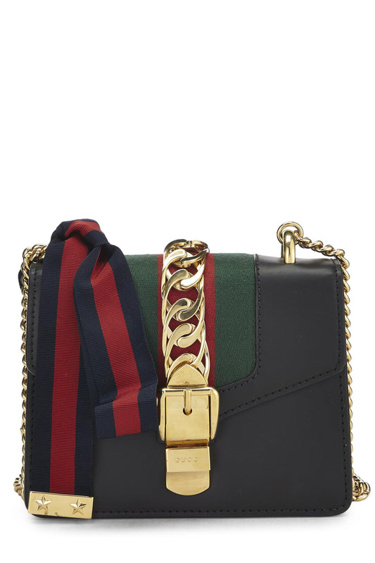 Gucci, Black Leather Web Sylvie Chain Bag Mini, Black
