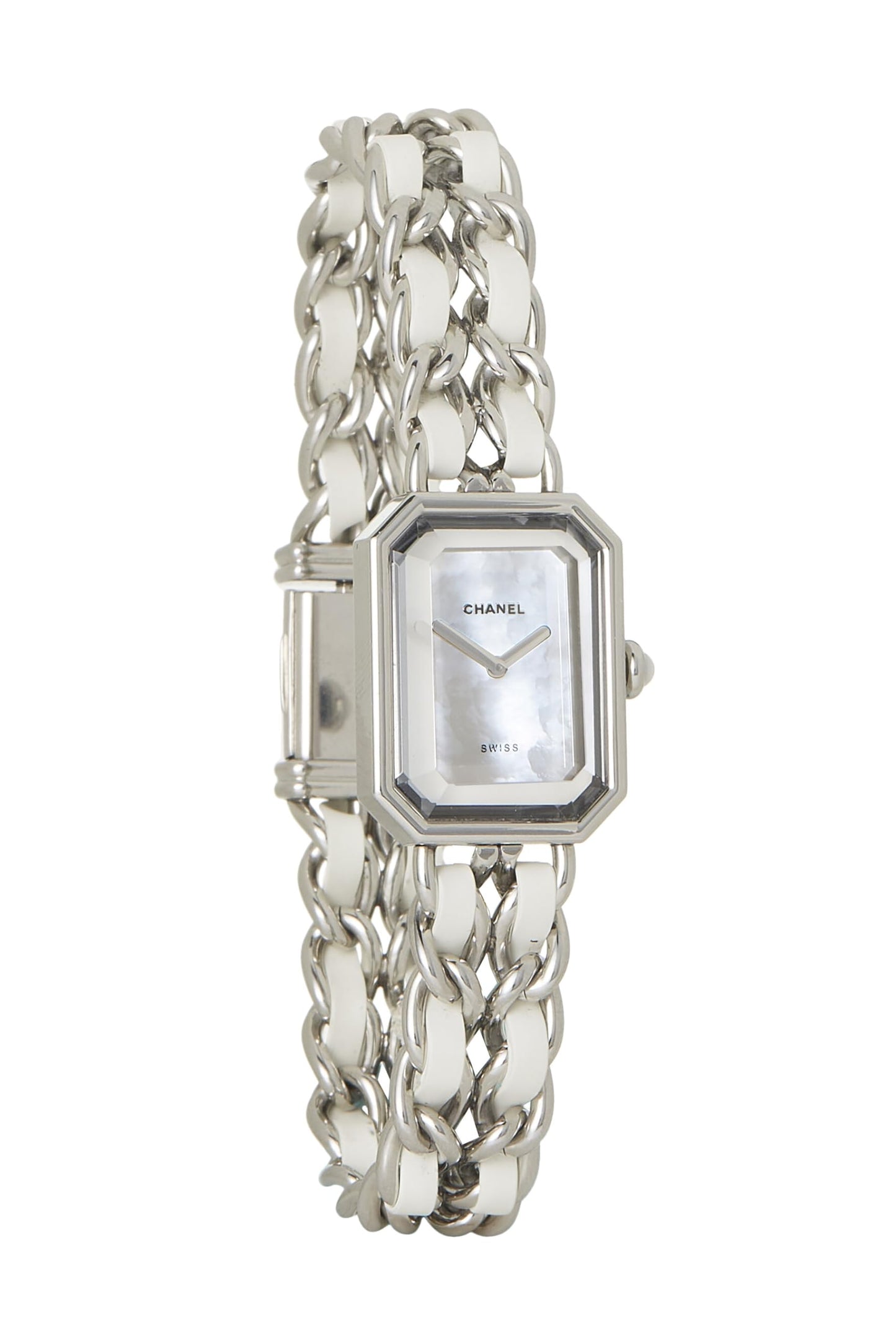 Chanel,  Silver & White Leather Premiere Watch XL, White