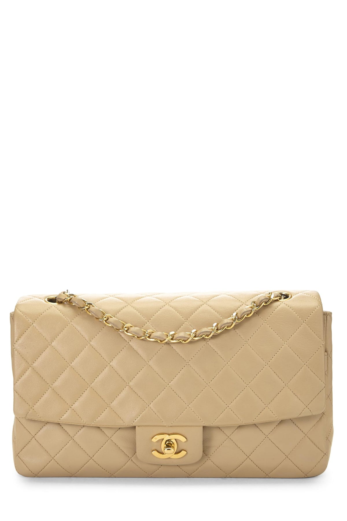 Chanel,  Beige Quilted Lambskin Half Flap Medium, Beige