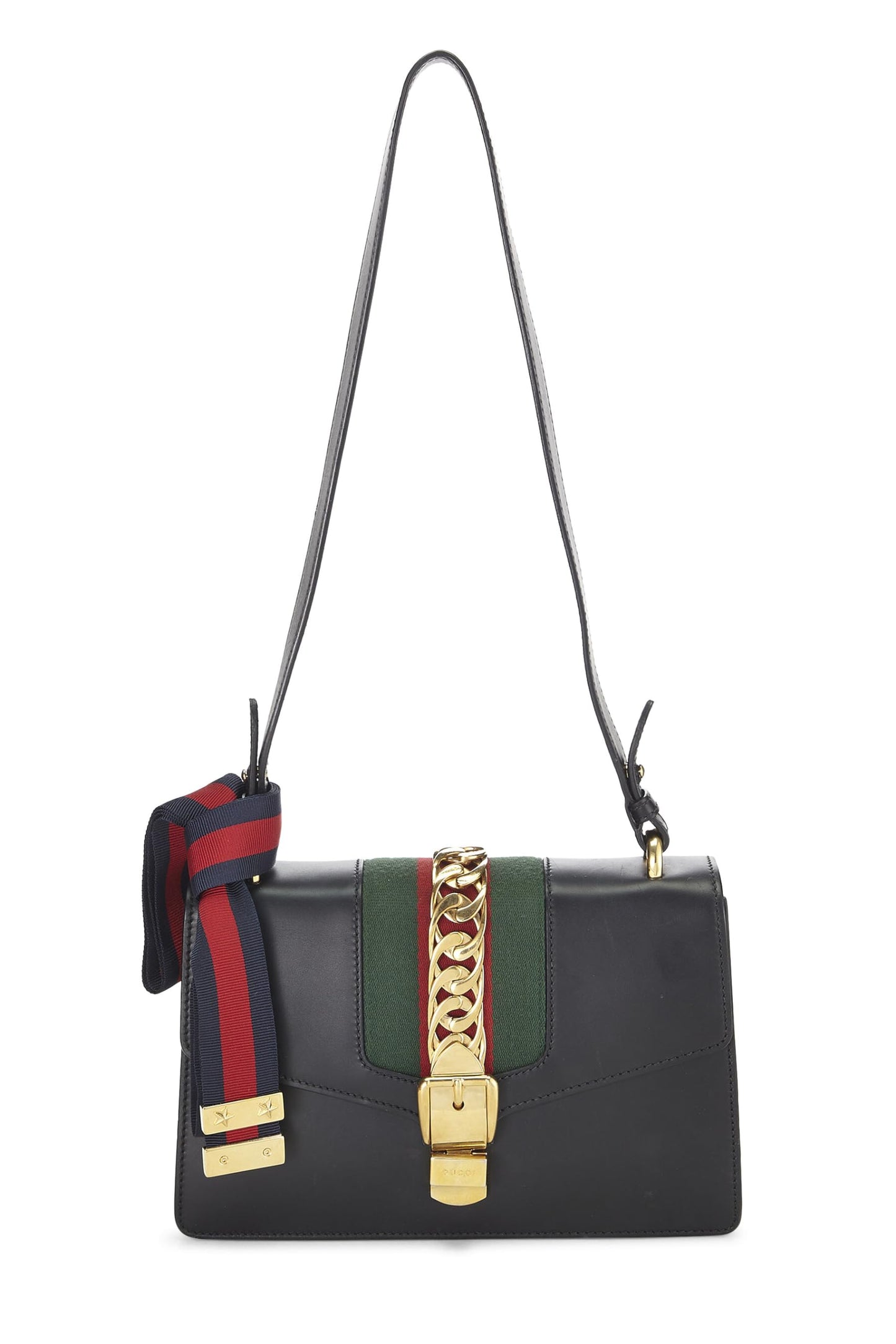 Gucci, Black Leather Web Sylvie Shoulder Small, Black