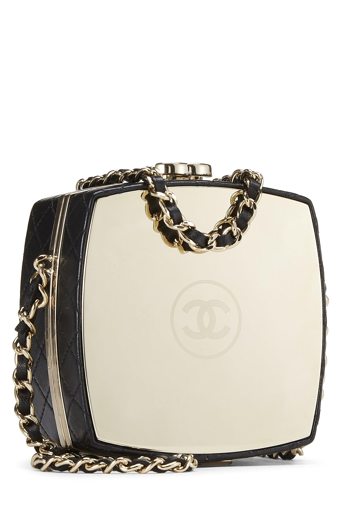 Chanel,  Black Lambskin Powder Clutch On Chain, Black