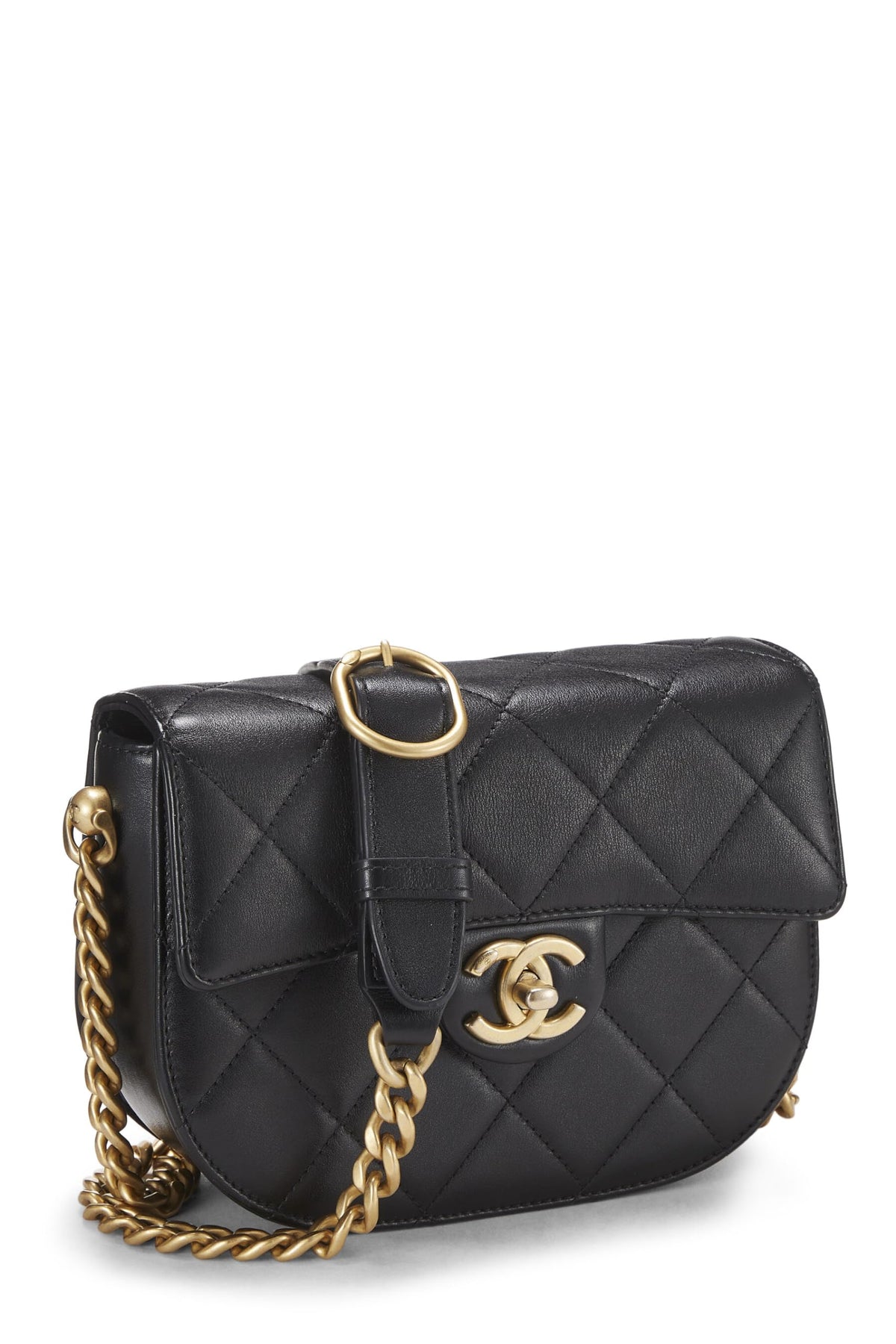 Chanel,  Black Calfskin Moon Flap Messenger Mini, Black