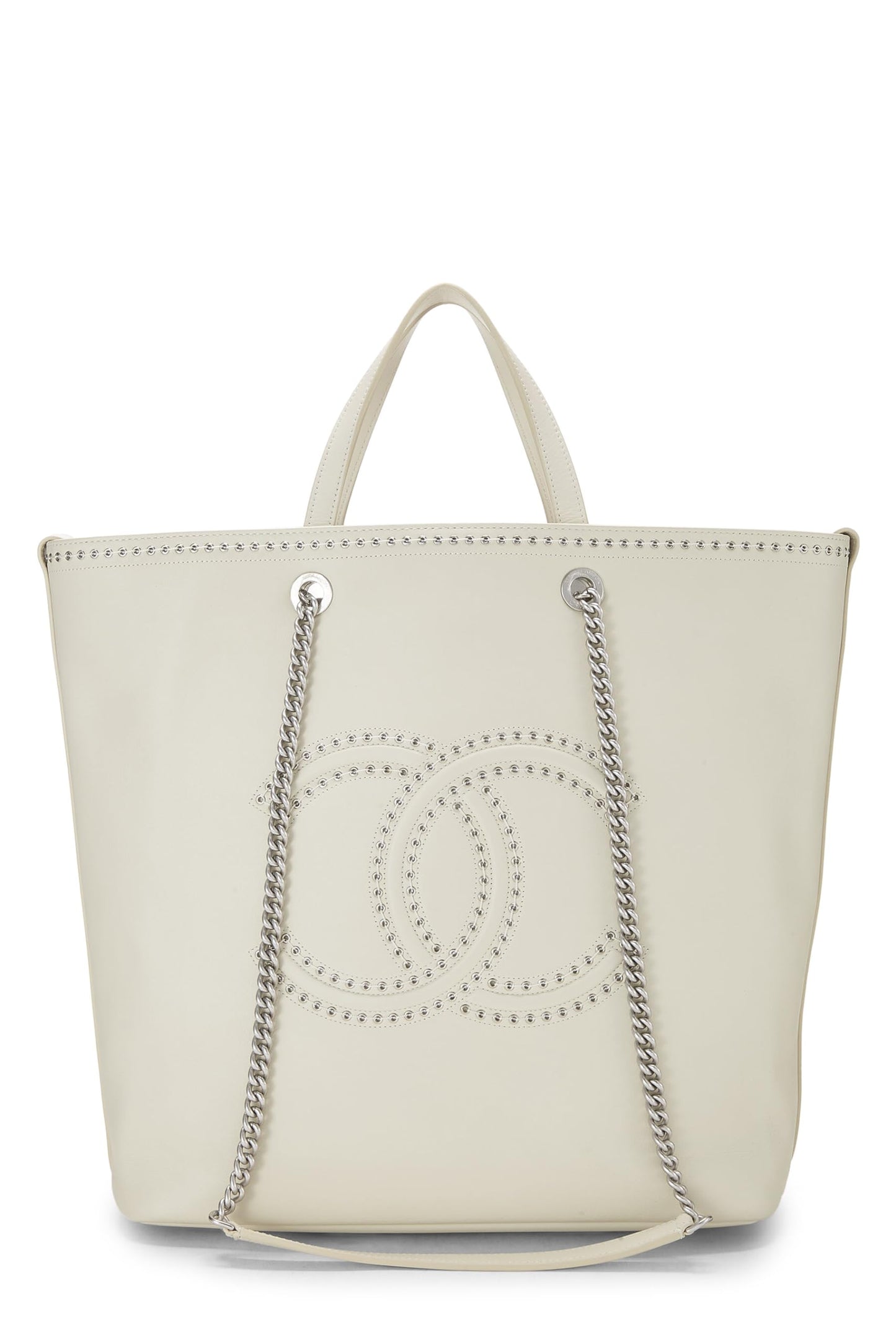 Chanel,  White Calfskin Coco Eyelet Shopping Tote Large, White