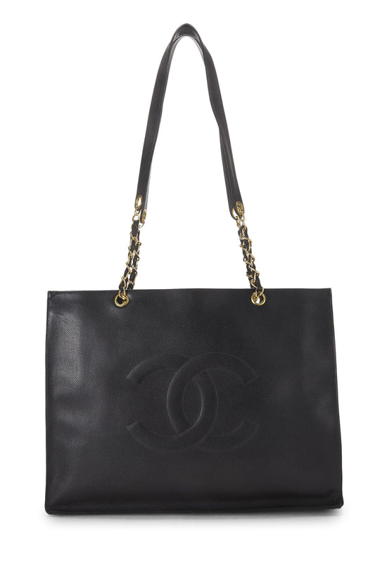 Chanel,  Black Caviar Flat Chain Tote Large, Black