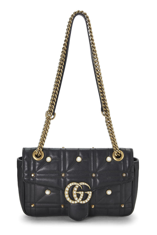 Gucci, Black Leather & Faux Pearl GG Marmont Shoulder Bag Small, Black