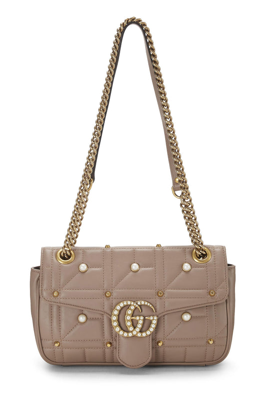 Gucci, Pink Leather & Faux Pearl GG Marmont Shoulder Bag Small, Beige