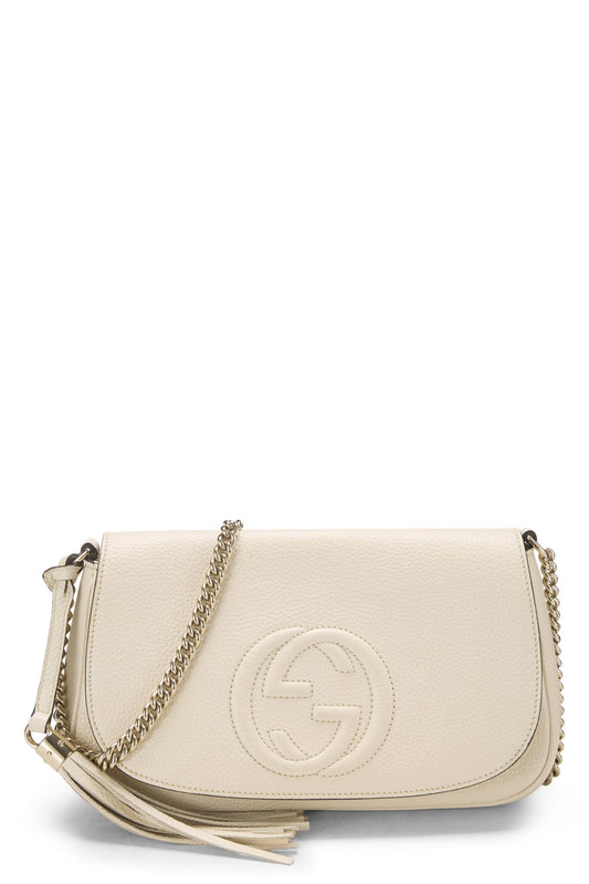 Gucci, White Grained Leather Soho Chain Flap Crossbody, White