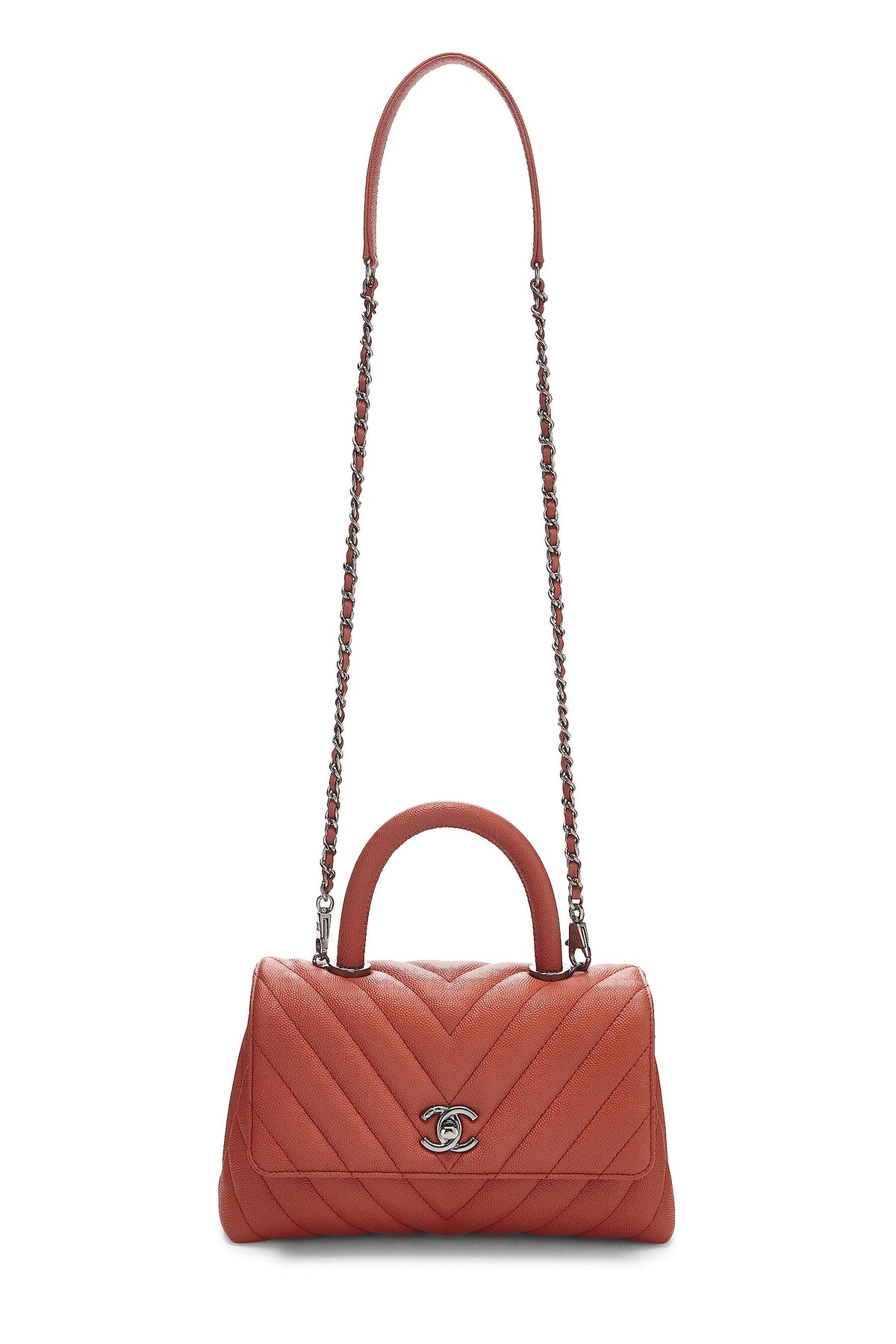 Chanel,  Orange Chevron Caviar Coco Handle Bag Small, Orange