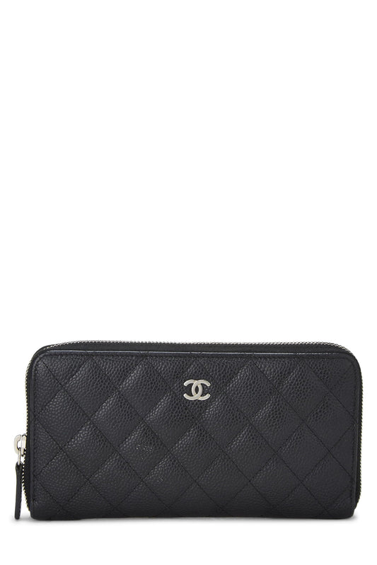 Chanel,  Black Quilted Caviar Zip Around Wallet, Black