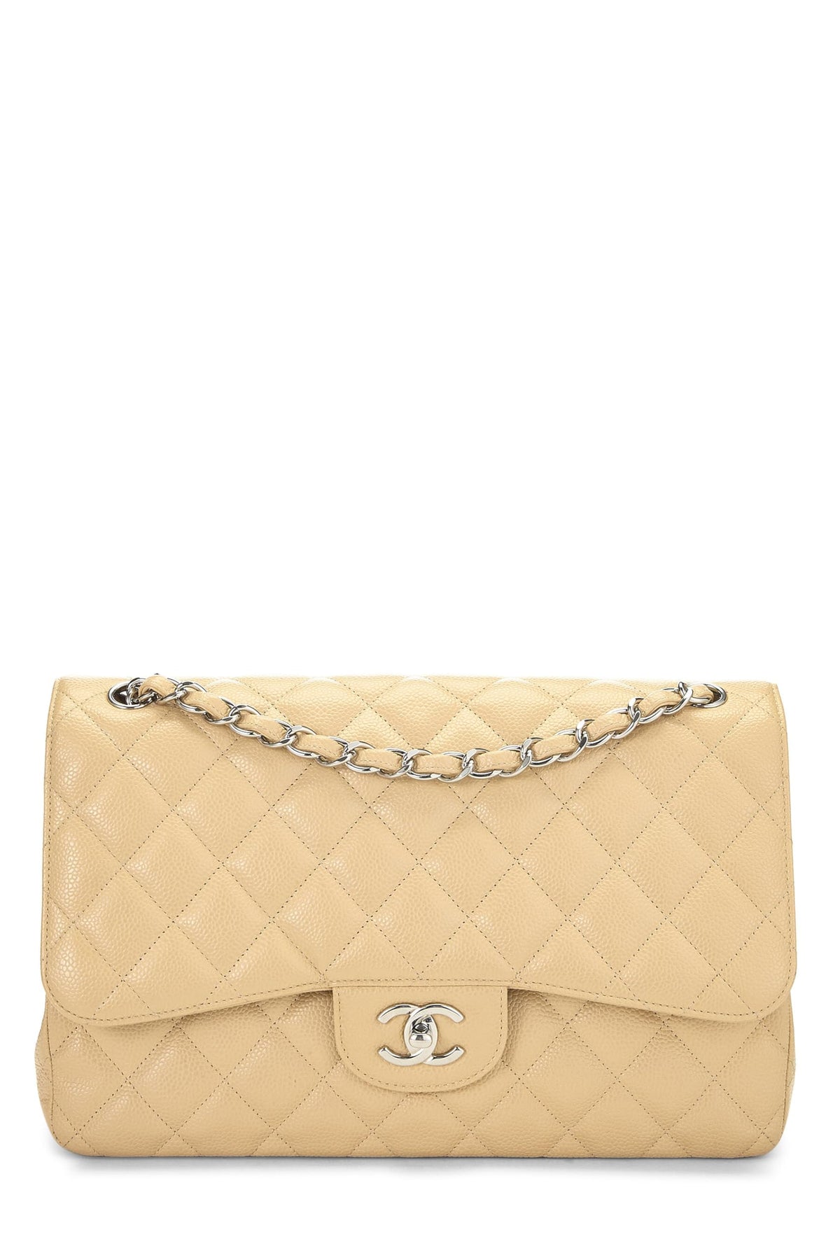 Chanel,  Beige Quilted Caviar New Classic Double Flap Jumbo, Beige