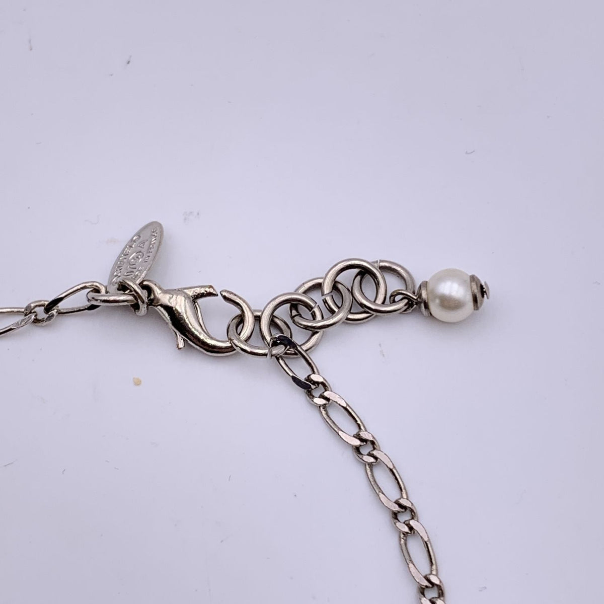 CHANEL Silver Metal Chain Necklace With Charms Cc Logo Pendant