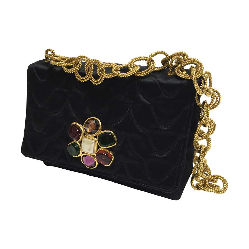 Rare Vintage Chanel Gripoix & Gold Chain Satin Evening Bag / Purse
