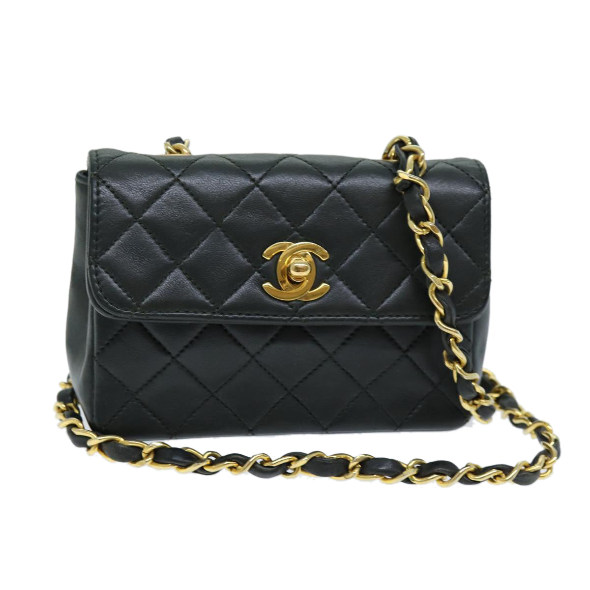 Top Quality Chanel Mini Matelasse Turn Lock Chain Bag Lamb Skin Black CC Auth 72435A