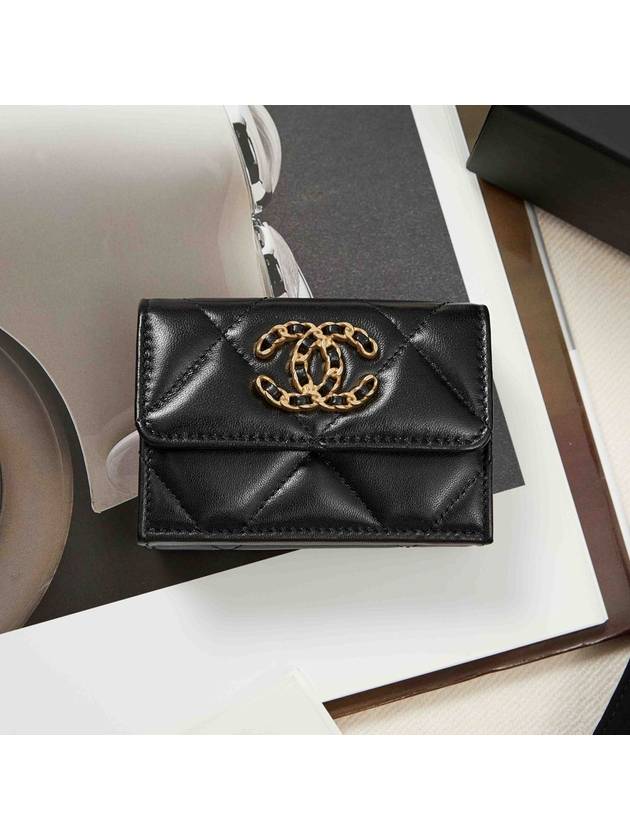 Nineteen Gold CC Logo Lambskin Half Wallet Black Chanel