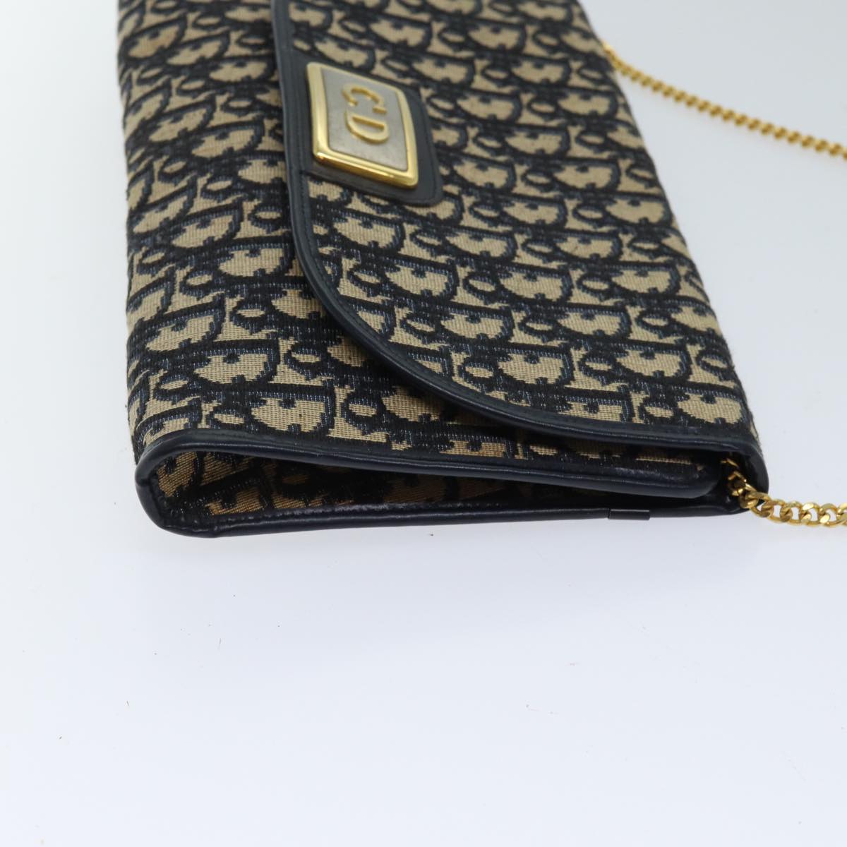 CHRISTIAN DIOR Trotter Canvas Chain Shoulder Bag Navy Auth 72499