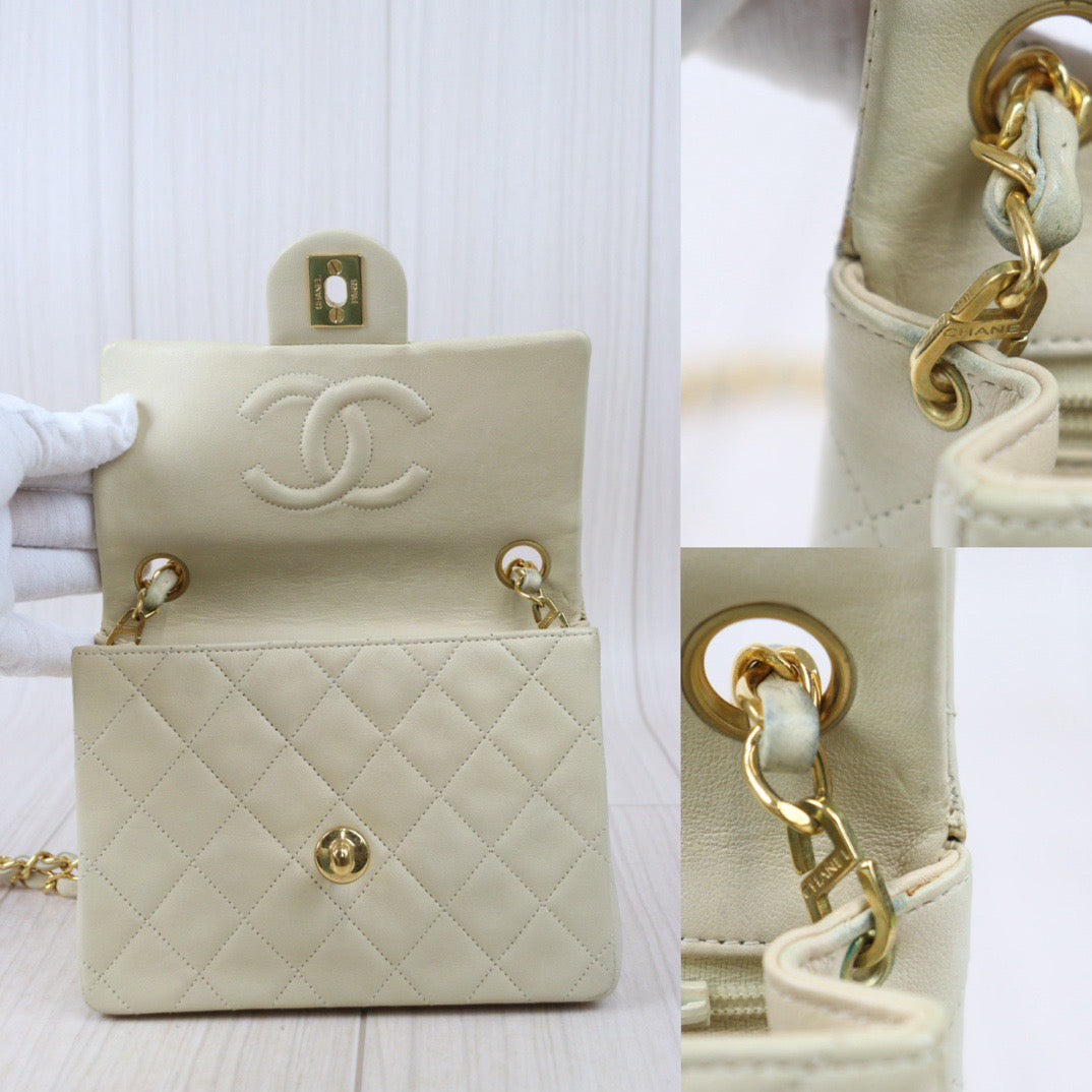 Good ( Rank AB)｜ CHANEL Lanbskin Square 17 Pearl White Shoulder Bag Made In 1996～1997Year ｜P24062803