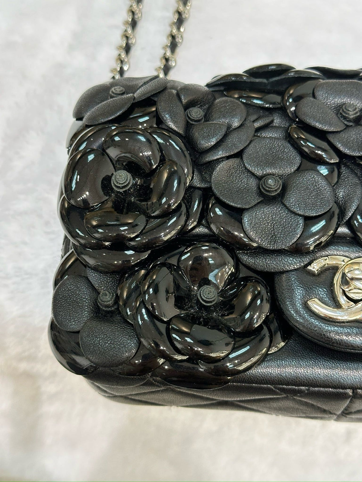 Chanel Mini Limited Edition Black Camellia  Lambskin Flap Bag