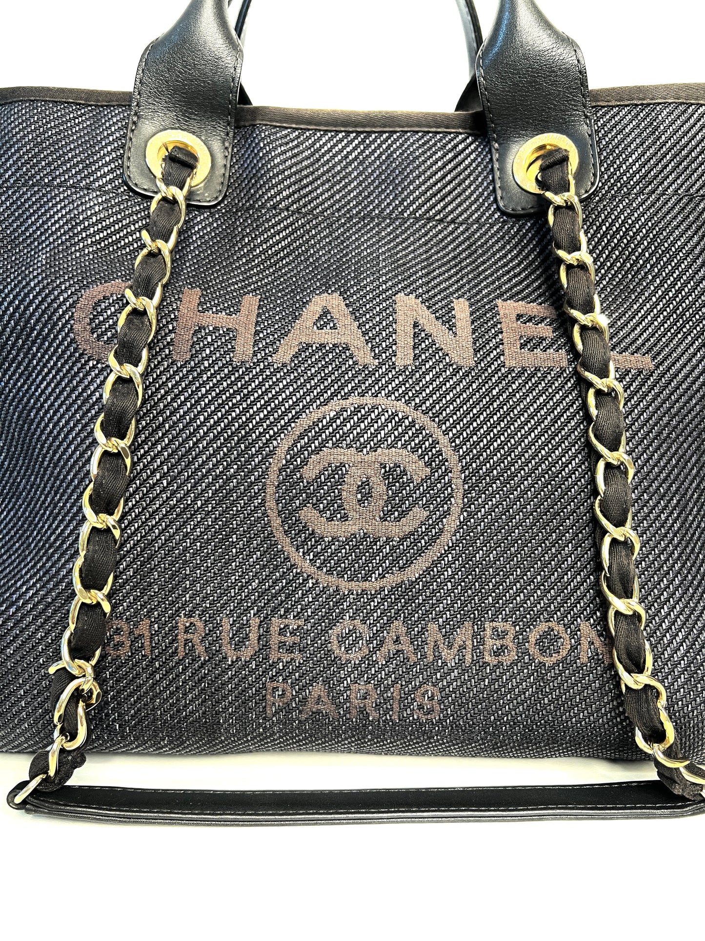 Chanel Deauville Medium Tote Navy Blue Denim Shopping Bag - Preloved