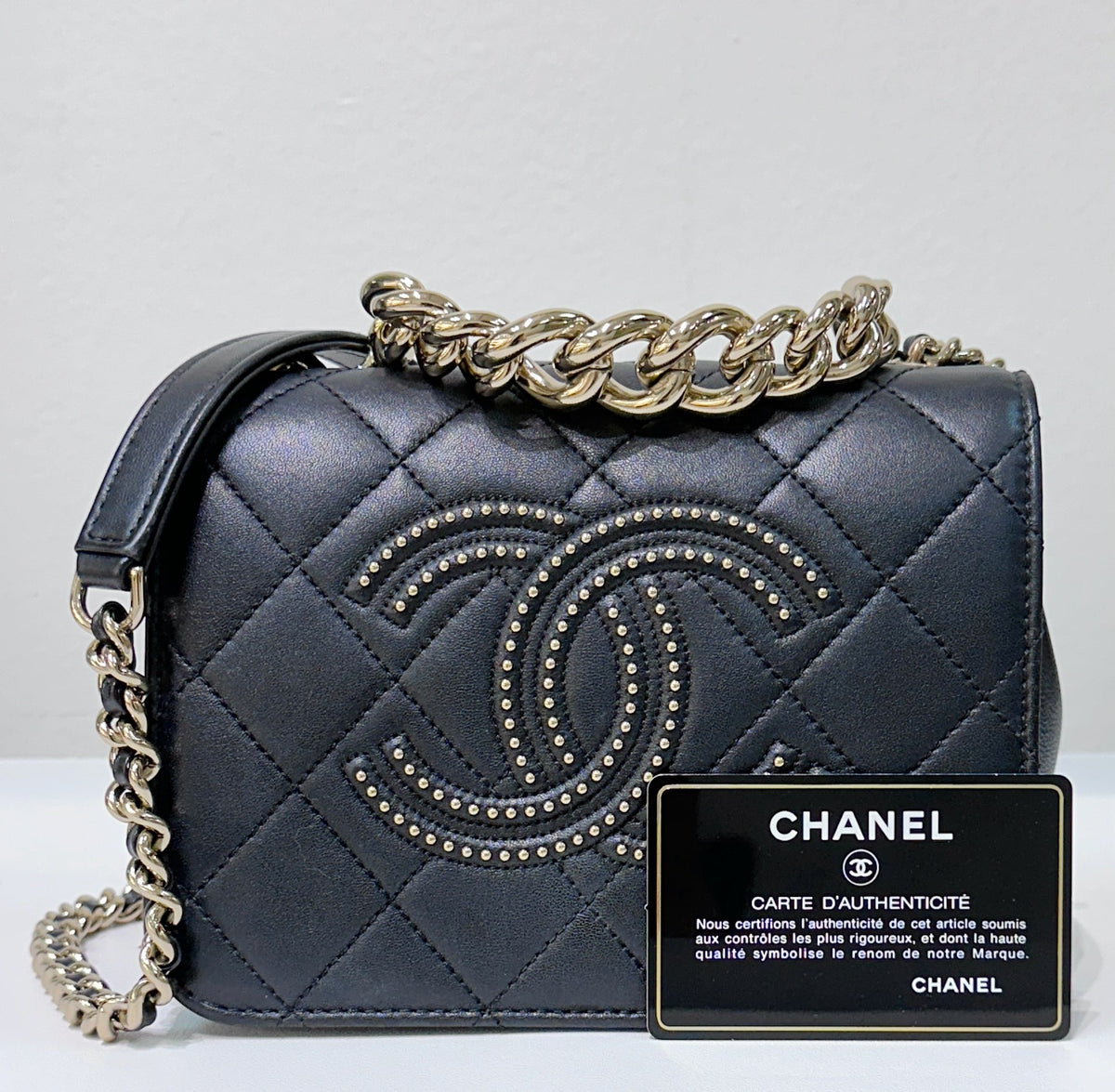 CHANEL Lambskin Quilted Studded Beauty Begins Flap Black