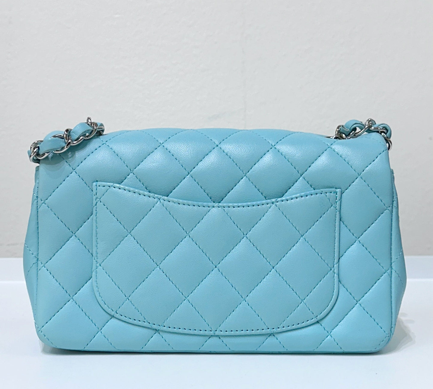 CHANEL 19C Tiffany Lambskin Quilted Mini Rectangular Flap Neon Blue