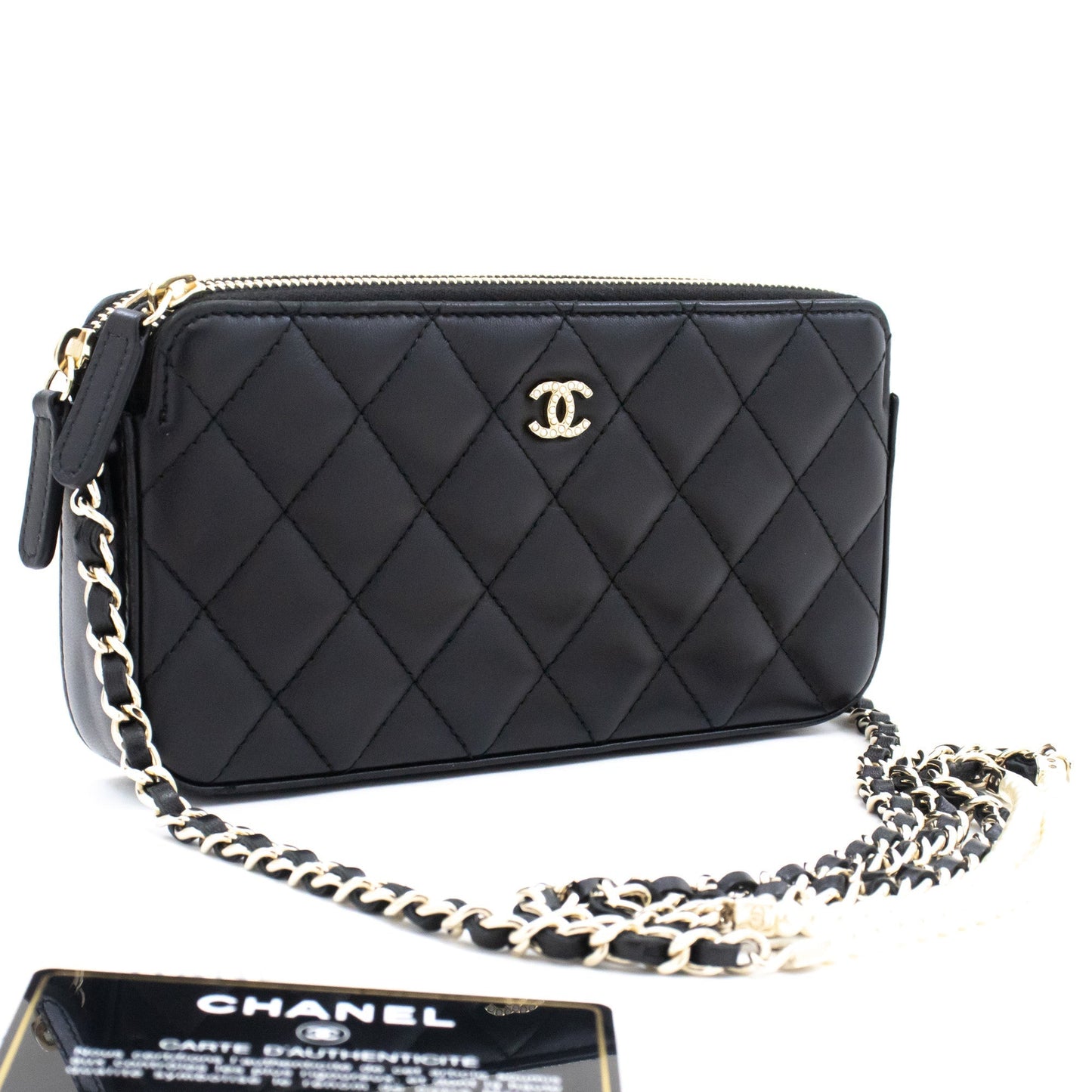 CHANEL Lambskin Pearl Wallet On Chain WOC Double Zip Chain Bag