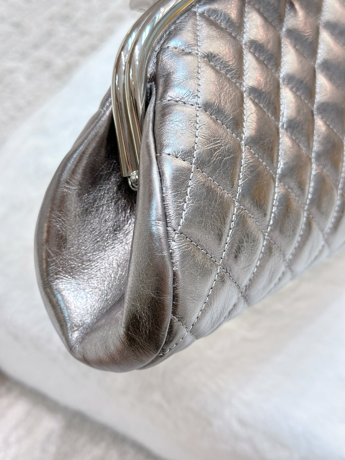 CHANEL Metallic Aged Calfskin Quilted Timeless Clutch Silver