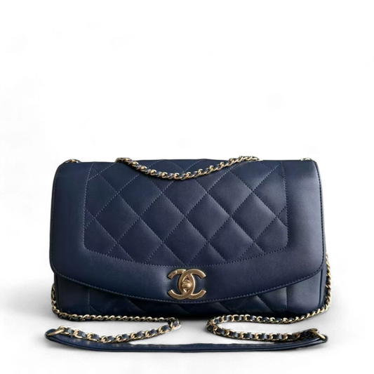 *Rare 2015 Re-issue* Chanel Diana - 28CM Quilted Lambskin Dark Blue Gold Hardware Series 20