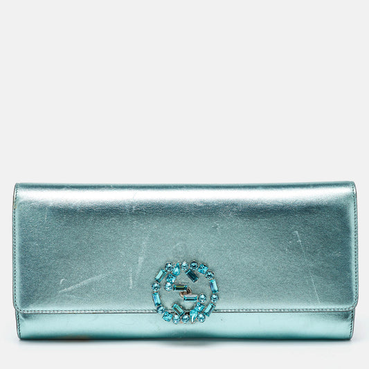 Gucci  Leather Crystal Interlocking G Broadway Clutch