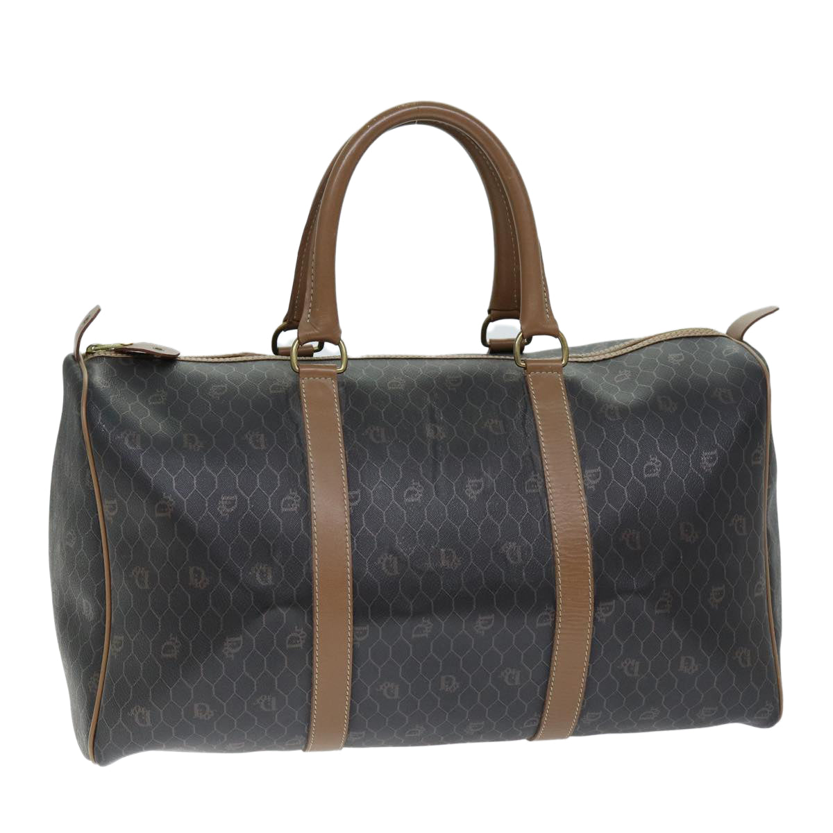 CHRISTIAN DIOR Honeycomb Canvas Boston Bag PVC Leather Black Auth 74187