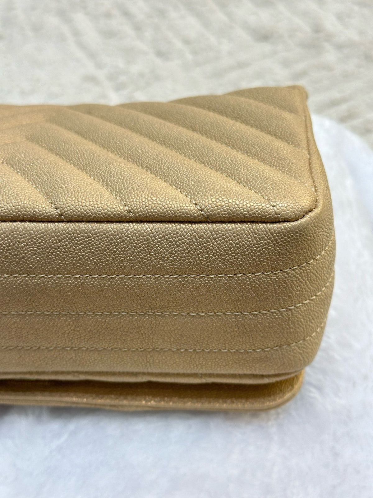 Chanel Mini Statement Metallic Caviar Chevron Quilted Flap Beige LGHW