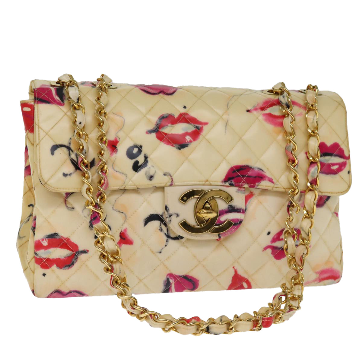 Top Quality Chanel Matelasse Chain Shoulder Bag Patent leather Cream CC Auth 74406A