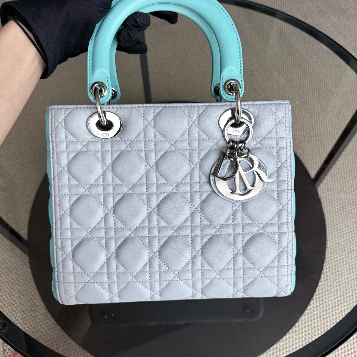 Dior Lady Medium - Cannage Lambskin Bi-Color Cyan Grey Gray Silver Hardware