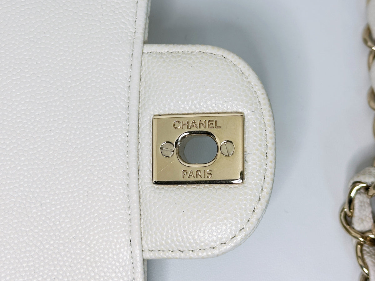 Chanel Mini Rectangular Caviar Classic White GHW 2382 holo card