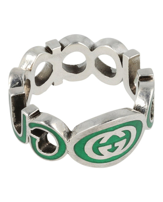 Gucci Mens Sterling Silver Interlocking G Ring Silver Green