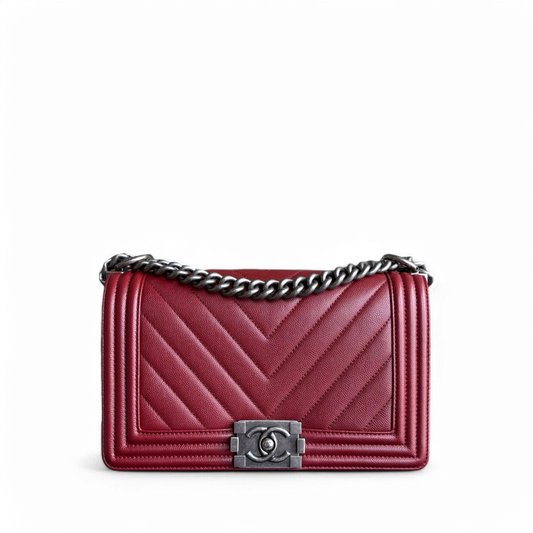 Chanel Boy Medium - Caviar 25CM Chevron Dark Red Burgundy Ruthenium Silver Hardware Series 24