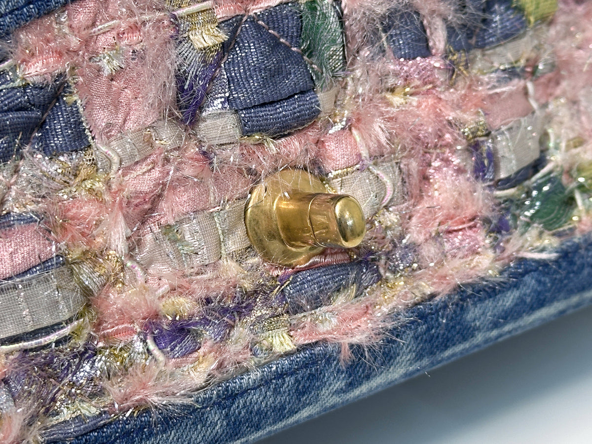 Chanel Pink, Silver, and Gold Tweed and Denim Medium Classic Double Flap Gold Hardware, 2016