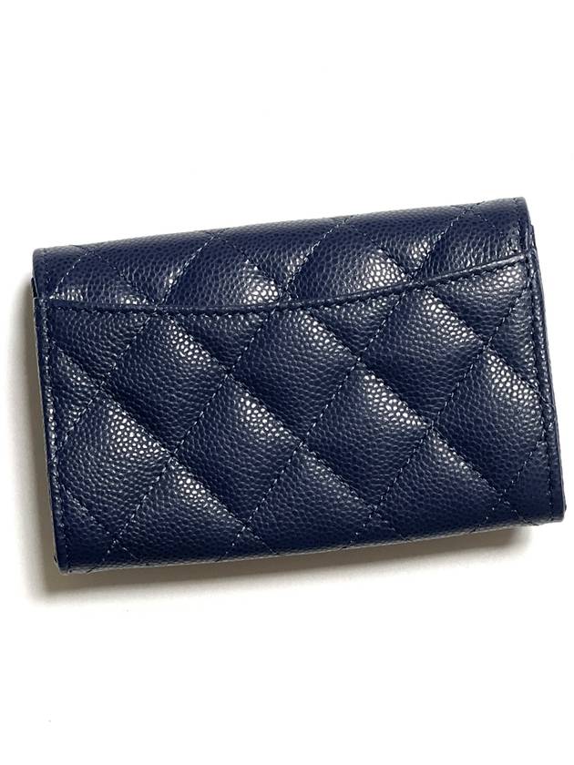 Classic Gold Logo Grained Shiny Calfskin Card Wallet Navy Chanel