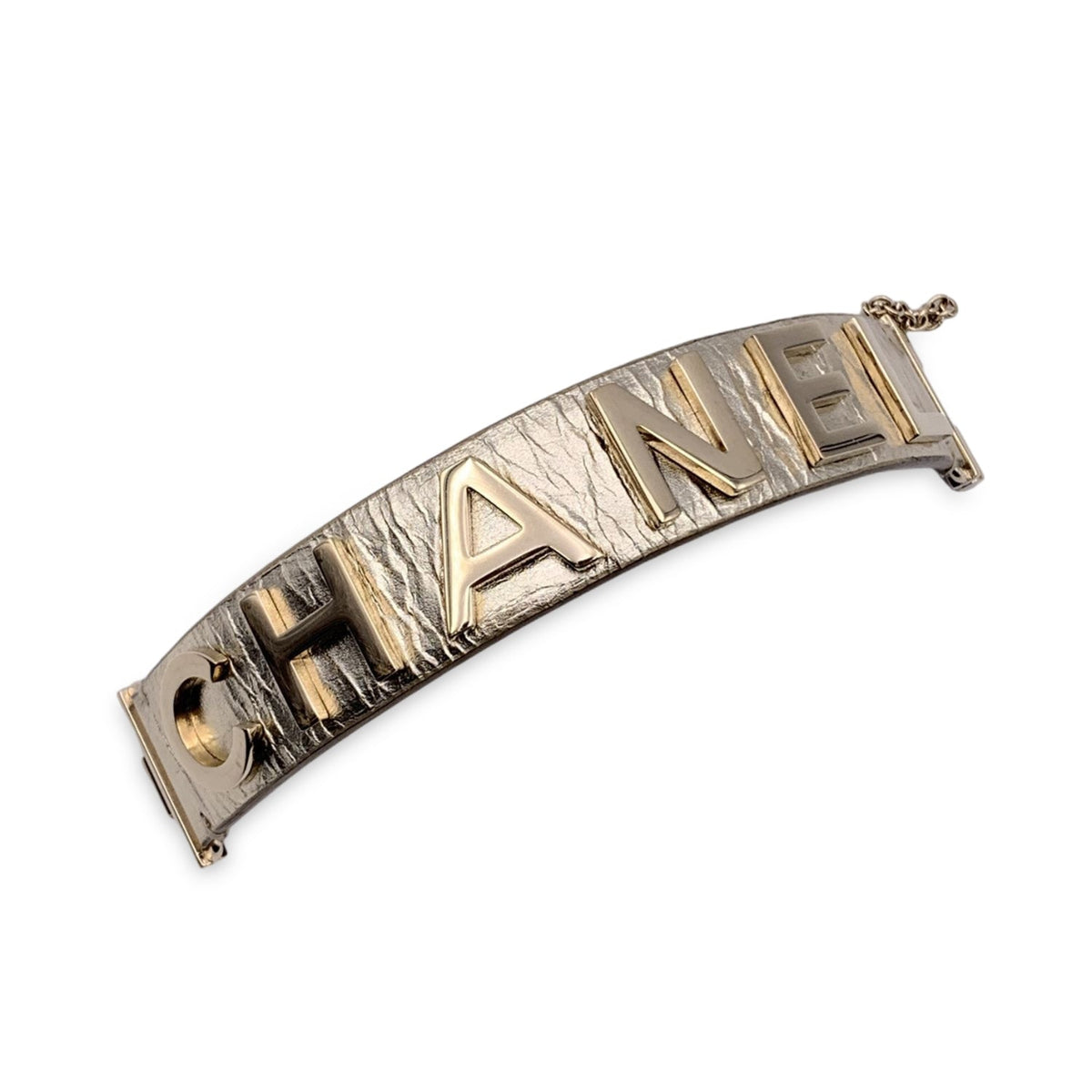 Top Quality Chanel Gold Metal Leather Logo Lettering Cuff Bracelet Size M