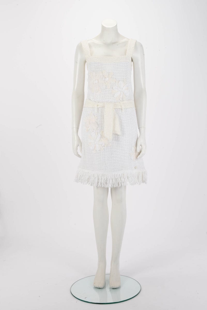 Chanel White Terry Cotton Floral Applique Dress FR 38