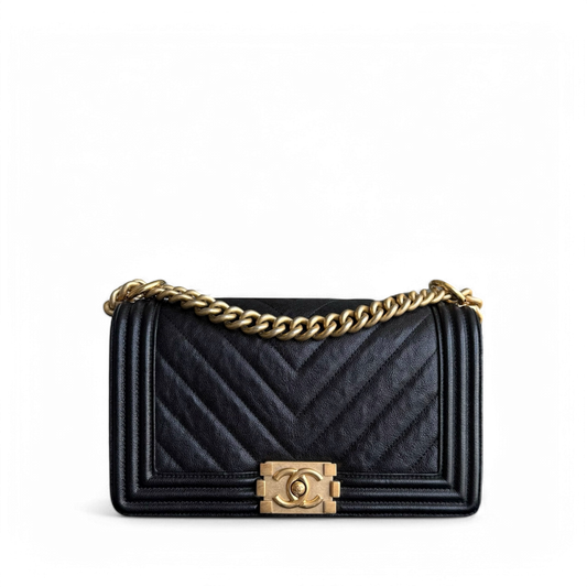 Chanel Boy Medium - Caviar 25CM Chevron Black Gold Hardware Series 26