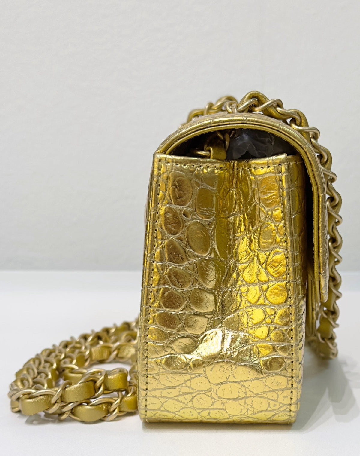 Chanel Mini Calfskin Crocodile Embossed Rectangular Gold Metallic Flap Bag