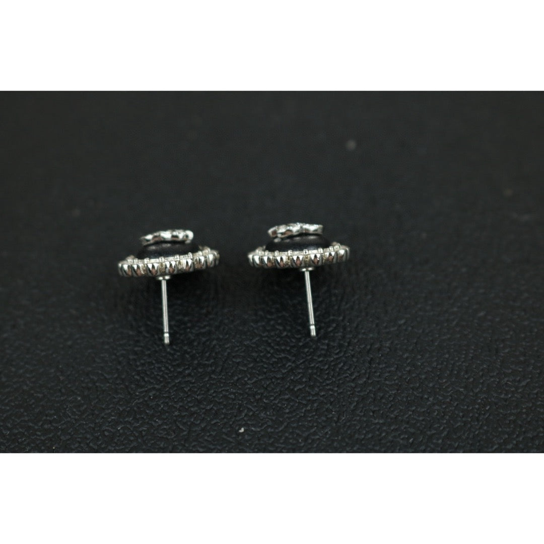 Excellent（Rank SA）｜ CHANEL Coco Mark Leather Rhinestone Earrings Silver｜F25022003