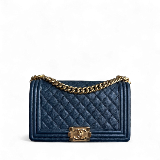 Chanel Boy Medium - Caviar 25CM Quilted Grained Calfskin Blue Gold Hardware Series 23